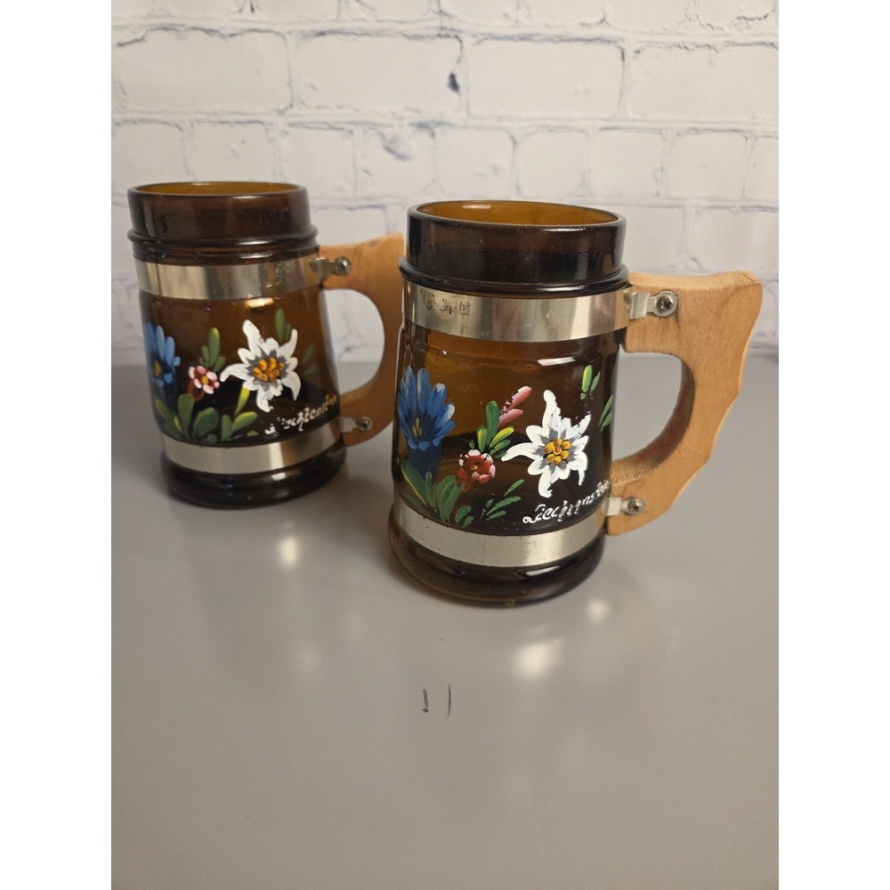 2 Vintage Amber Beer Mugs Hand Painted Liechtenstein Alps Souvenir Edelweiss